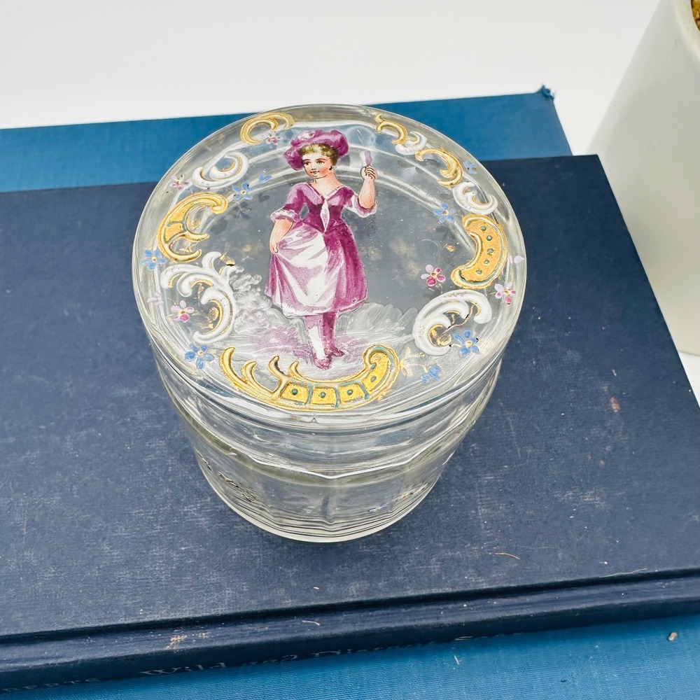 Vintage Glass Trinket Box Hand Painted Victorian Lady Gold Gilt Jewelry Jar